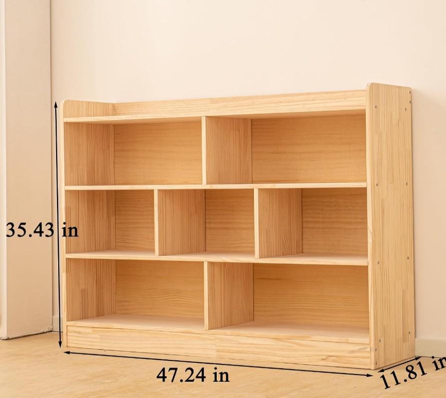 Wooden 7 Compartment Storage Cabinet Organizer Kids 3 Tier Wood Bookshelf School Storage Shelf Classroom Furniture for Kids Natural (47.24" L x 11.81" W x 35.43" H)