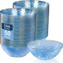 I00000 50 Pack 12 Ounce Blue Plastic Bowls Hammered Clear Bowl with Gold Rimmed, Heavy Duty Disposable Bowl Set,Elegant Small Bowls for Party, Weddings, Catering