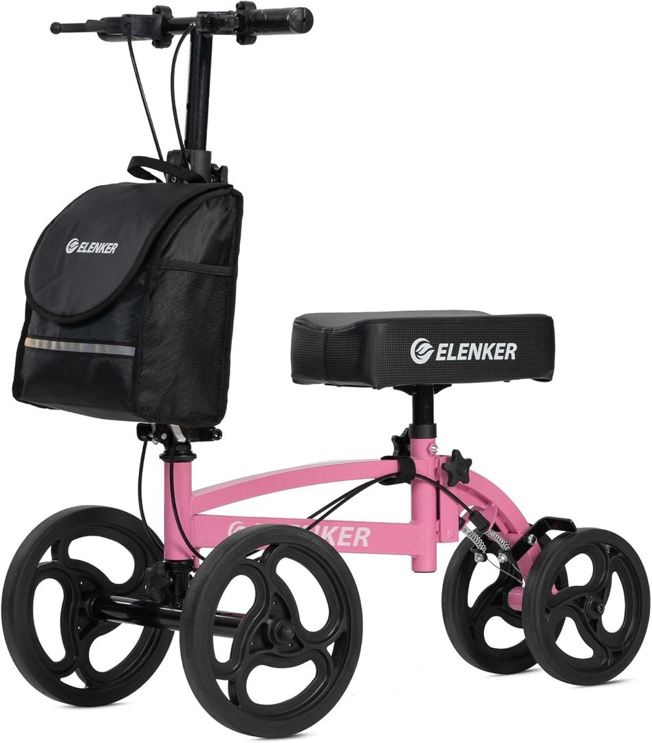 ELENKER Steerable Knee Scooter, Foldable Knee Walker with Basket Dual Braking System, Knee Scooters for or Angle and Injured Foot Broken Pink