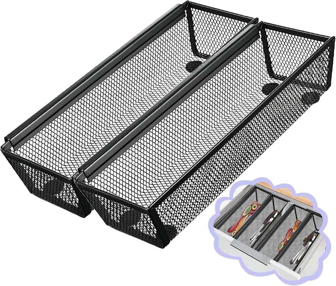 2PCS Drawer Organizer, Mesh Drawer Organizer with Interlocking Arm for Utensil, Cosmetic, Flatware, Pen (9 * 3 * 2 Inches, Black)