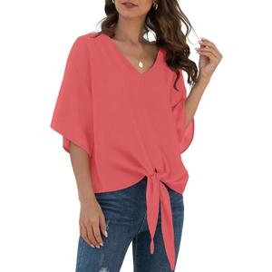 VIISHOW Womens Tie Front Chiffon Blouses V Neck Batwing Short Sleeve Summer Floral Tops Shirts (Small, Watermelon Red)