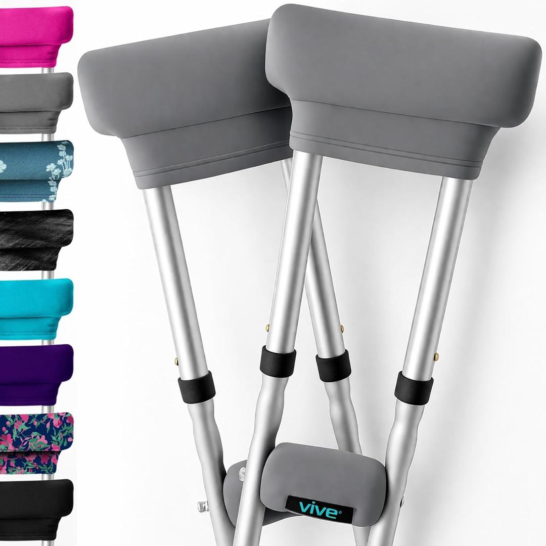 Vive Premium Crutch Pads & Hand Grips - Comfortable, Breathable, Machine Washable Padding - Moisture Wicking & Odor Reducing Pillow Accessory Covers for Adult & Youth Walking Crutches (Gray)