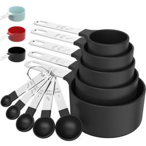 TILUCK Measuring Cups & Spoons Set, Stackable Cups and Spoons, Nesting Measure Cups with Stainless Steel Handle, Kitchen Gadgets for Cooking & Baking (Black) (5+5)