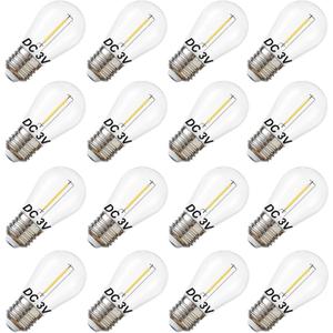 DC 3V Low Voltage Solar String Light Bulbs, Only for 3V DC, Burn Out at 120V, Shatterproof Waterproof S14 LED Bulbs, E26 Base, 1W Warm White 2700K, 16 Pack