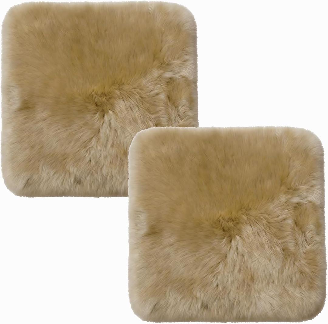 Natural Wool 2 Pack Luxury Sheepskin Seat Cushion Fluffy Chair Pad for Sofa Office Chair Dining Chair Cushion Bedroom Seat Cushion Dining Chairs(18x18 Inch,Khaki Brown)
