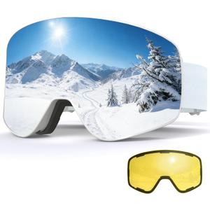 Magnetic Ski Goggles Snow Snowboard Goggles UV400 OTG Snowboarding Goggle for Men Women Adult (White Frame Silver, Polarized-len)