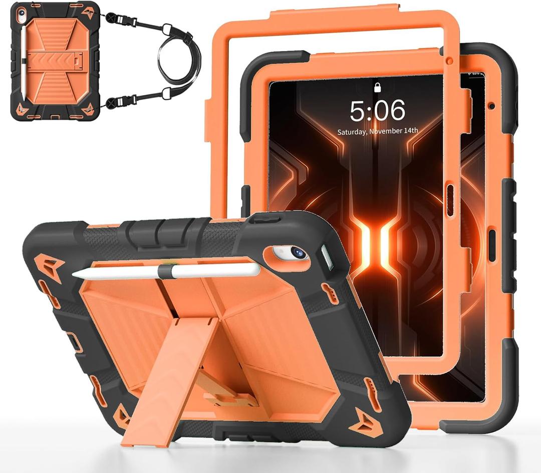 kenke Kids Friendly Case for iPad (A16) 11 Inch 2025, iPad 10th Generation 10.9 Inch 2022, Heavy Duty Shockproof Rugged Cover with Kickstand Shoulder Strap for iPad 11/10th Gen, Black+Orange
