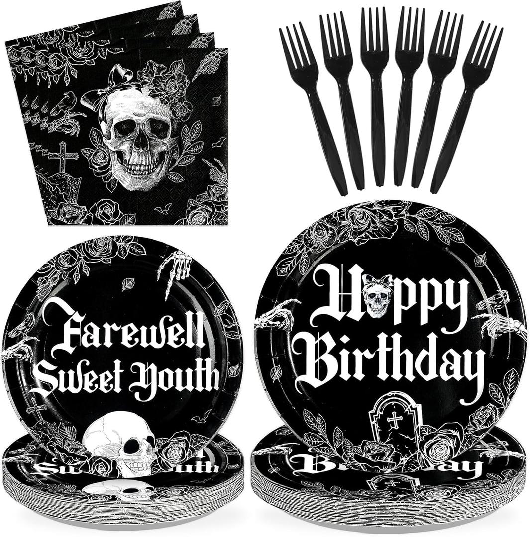 96 Pcs Gothic Birthday Party Decorations Black White Skull Goth Skeleton Plates and Napkins Tableware Sets Farewell Sweet Youth Gothic Theme Decorations for Girls Birthday Party Supplies Serve 24