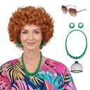 Yargel Hair Orange Wig for Women Landlady Costume Red Orange Curly Synthetic Wig With Green Jewelry Necklace+Earrings+Glasses Ginger Wigs For Cospaly Halloween Party Use