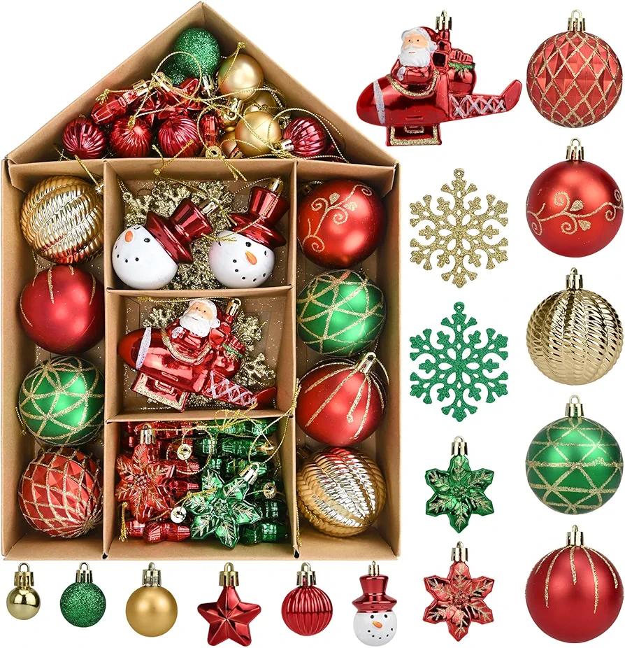 70 Pcs Christmas Ball Ornaments Set，Shatterproof Gold Ornaments for Xmas Tree，Christmas Ball Tree Hanging Ornaments for Christmas Decoration (Red Green)