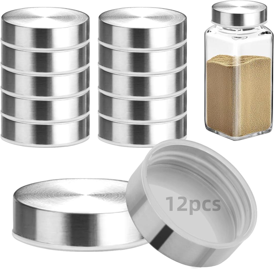 12Pcs 304 Stainless steel Jar Lids for 4 oz and 6 oz Square Spice Jars Reusable Can Airtight Spice Storage Canning Lids for Nice Sealing Kitchen (12)