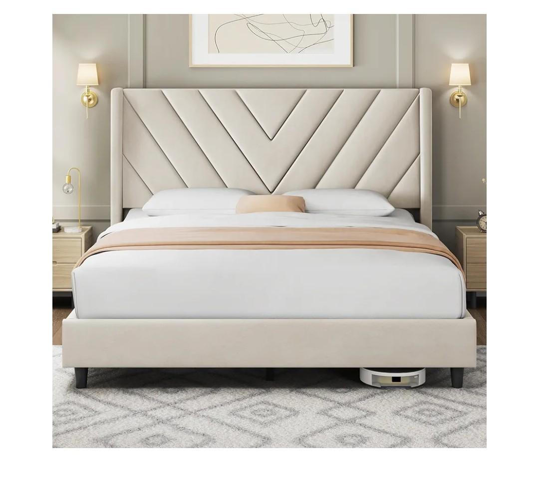 Yaheetech Queen Bed Frame Upholstered Platform Bed with Wing Side/Wooden Slat Support/Tufted Headboard with Wing Side/Mattress Foundation/No Box Spring Needed, Beige Queen Bed