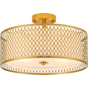 17" Semi Flush Mount Ceiling Light Fixture, 3-Light Gold Light Fixture, Close to Ceiling Light Fixture with White Fabric Lampshade and Gloden Iron Mesh Cage for Dining Room Living Room Bedroom