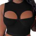 OYOANGLE Women's Ribbed Knit Cut Out Tank Top Crew Neck Sleeveless Party Crop Tops (Black), Small