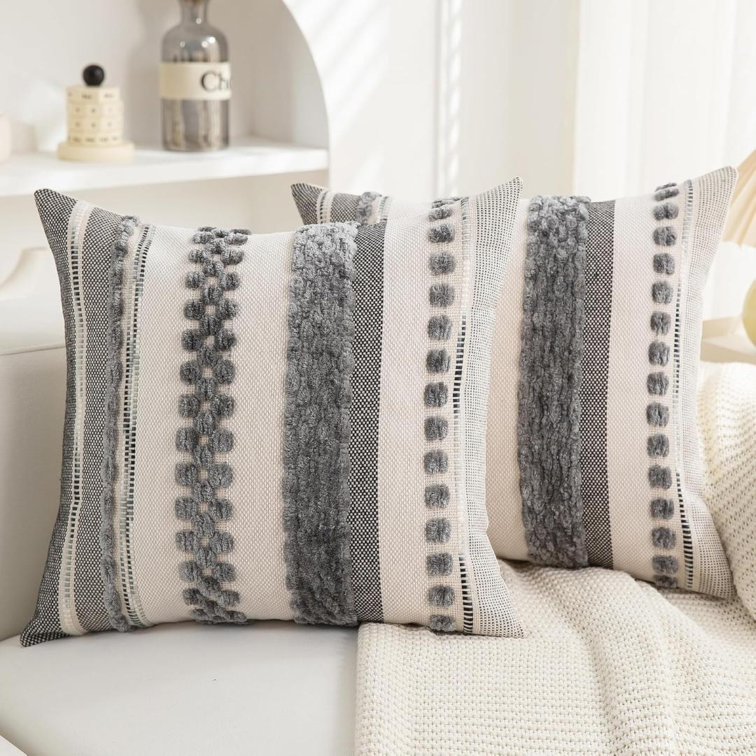 Boho Throw Pillow Covers 18x18 Set of 2 for Couch-Modern Farmhouse Sofa Decorative Grey Throw Pillows Covers Textured Chenille Cushion Covers Outdoor Netural Bohemian Pillow Cases Square (Gray Stripe)