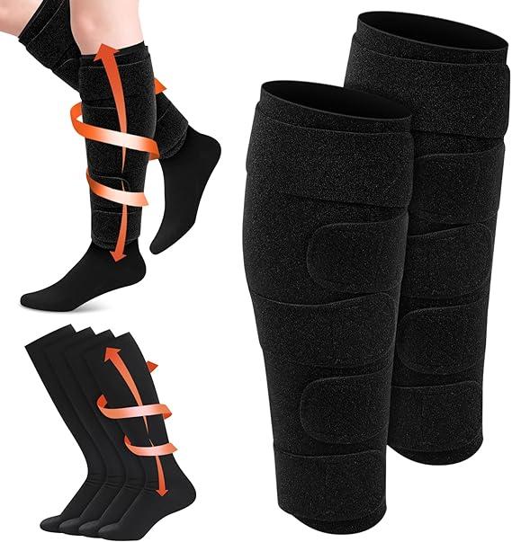 Floraltop 3 Pair Lymphedema Compression Leg Wrap with Calf Compression Sock 2030 Mmhg Lymphedema Product Adjustable Brace Medical Shin Splint Wrap with Stocking for Heaviness Fatigue(Black)