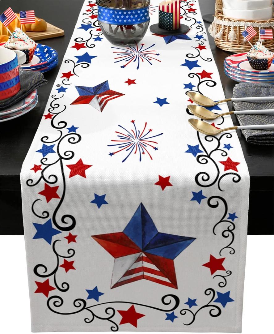 4th of July Table Runner Patriotic Stars Table Runners Independence Day Fireworks Cotton American Flag Linen Dresser Scarf Kitchen Dining Table Decor for Memorial Day Holiday Party 13x36 Inch