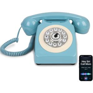 Bluetooth Vintage Phone with Voice Assistant,Bluetooth Retro Phone Compatible with Android & iOS, Physical Telephone with Volume Control, Blue