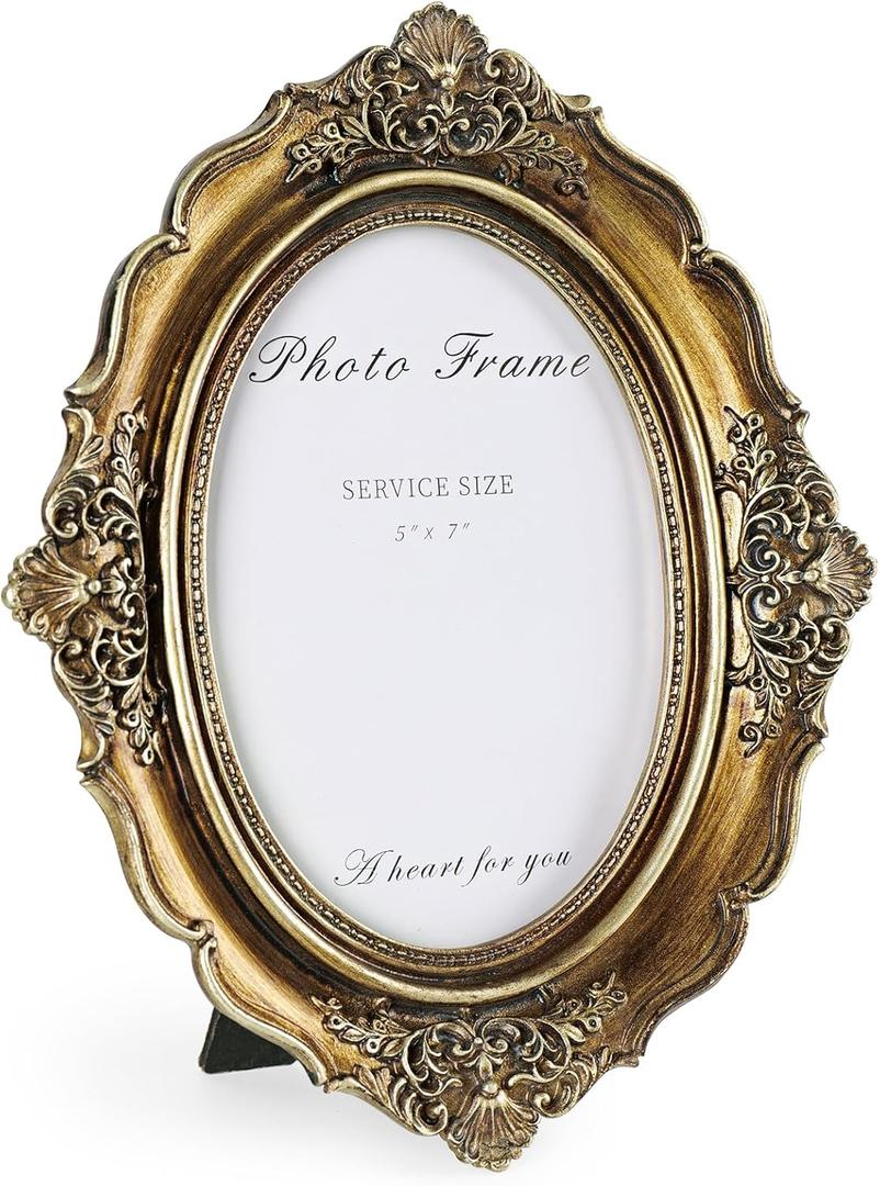 Cuspin 5x7 Picture Frame Gold Oval Frames, Vintage Bronze Hand-Crafted Resin with Glass Front, Ornate Retro Antique Photo Frame for Wall and Tabletop Display Home Decor