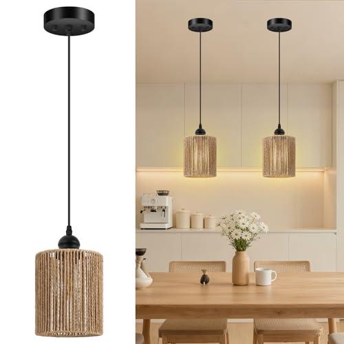 BoostArea 2 Pack Rattan Pendant Lights Kitchen Island, Farmhouse Chandelier with Handwoven Wicker Shade, Adjustable Height Boho Hanging Light for Kitchen Island/Dining Room/Bedroom/Hallway, No Bulb