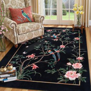 LIVEBOX Washable 5x7 Area Rugs for Living Room Clearance, Non Slip Soft Low Pile Oriental Floral Birds Chinoiserie Neutral Rugs for Bedroom, Carpet Rug for Kids Nursery Dining Room(Black,5'x7')