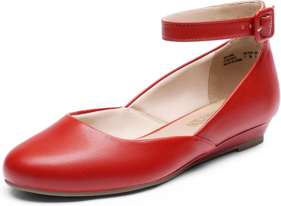 DREAM PAIRS Women's Dress Flats Ballet Low Wedge Round Toe Ankle Strap Comfortable Casual Flats Shoes (9, Red-pu)