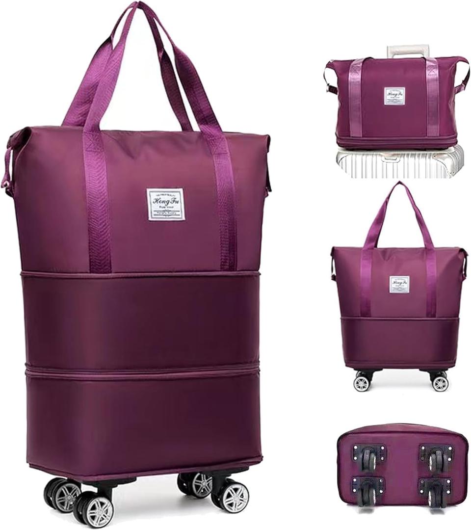 Expandable Foldable Duffel Bag with Detachable Rolling Wheels, Large Carry-On Luggage for Travel, Gym, Camping, Shopping, Business Trip (Purple)