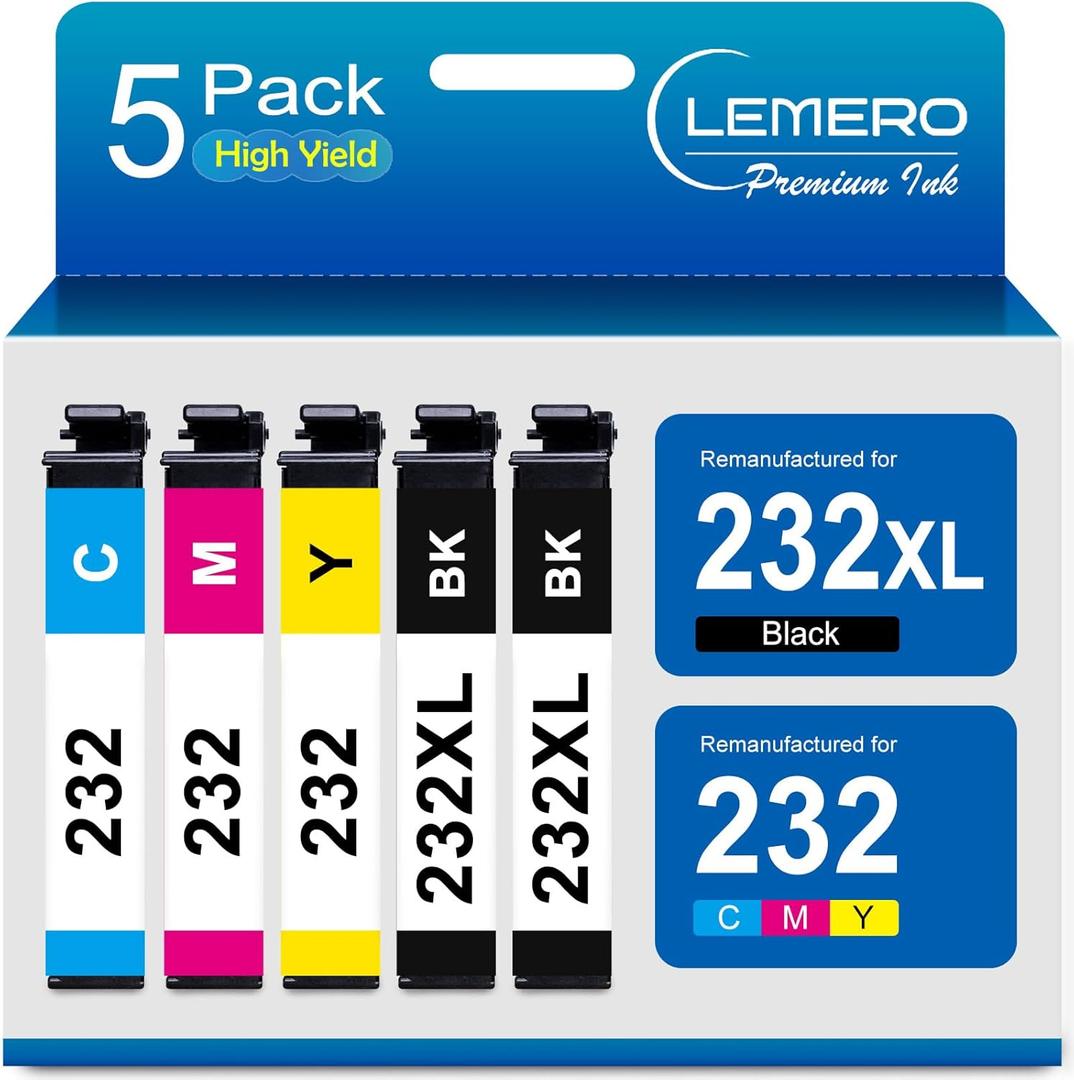 LEMERO Remanufactured Ink Cartridge Replacement for Epson 232XL Use for XP-4200 XP-4205 Workforce WF-2930 WF-2950 Printer (Black, Magenta, Yellow, Cyan, 5-Pack)