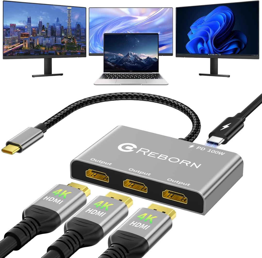 Reborn USB-C to 3 HDMI Adapter with 100W PD, 4K@60Hz USB Type-C to HDMI 1 in 3 Out Splitter for 3-Port USB-C Multi-Monitor Adapter, Compatible with PC/macOS/Linux and More