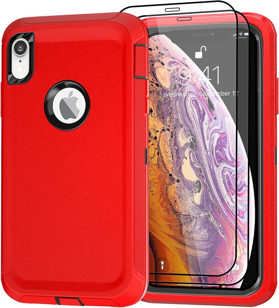 Case for Apple iPhone X/XS Case with 2 Screen Protector, Heavy Duty Full Body Shockproof Military Grade Cover, 3 in 1 Drop Protection Phone Case 5.8" [Red+Black]