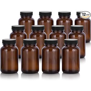 JUVITUS Amber 4 oz Glass Packer Bottle with Black Ribbed Lid (12 pack)