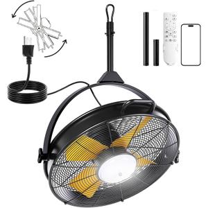 Woanger 21'' Outdoor Hanging Ceiling Fan with Light, Plug-in Hook Mount, IP44 Waterproof, 6-speed Motor, Remote/app, 3cct Dimmable LED for Gazebo Patio Pergola, Black (Yellow Blades)