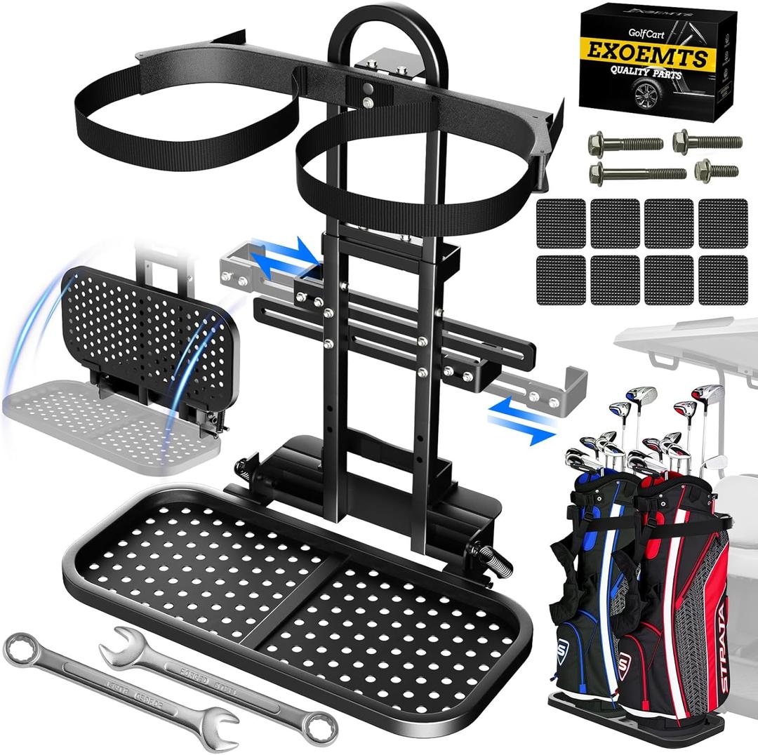 No-Drill Golf Cart Bag Holder, Foldable & Adjustable, Space-saving Golf Cart Rear Seat Bag Holder Rack Fits Grab Bars 7.28"-25.6", Universal for EZGO Club Car Yamaha, Easy Install, Anti-Shake