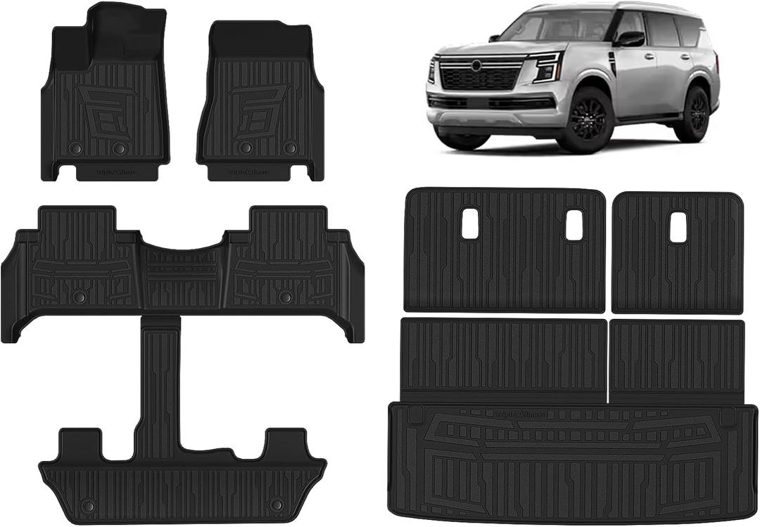 TripleAliners All-Weather Mats Compatible with 2025 2026 Nissan Armada & Infiniti QX80 Accessories Floor Liners & Trunk Mat & Rear Seatback Cover Custom Fit TPE Heavy-Duty Liners(Only for 7-Seats)