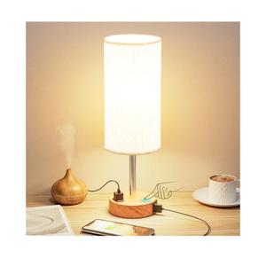 Fenmzee Bedside Table Lamp for Bedroom - 3 Way Dimmable Touch Lamp USB C Charging Ports and AC Outlet, Small Lamp Wood Base Round Flaxen Fabric Shade for Living Room, Desk, LED Bulb Included