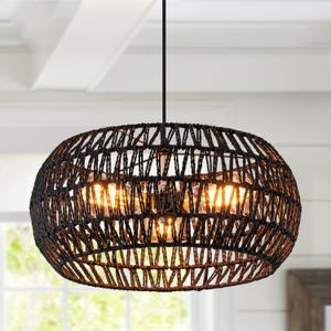 Black Boho Hanging Light Fixture Rattan Chandeliers Drum Pendant Lights for Dinning Room Wicker Chandelier Ceiling Hanging Light Basket Woven Chandelier for Bedroom Hallway Entrance Kitchen Island, 15.7 Inches