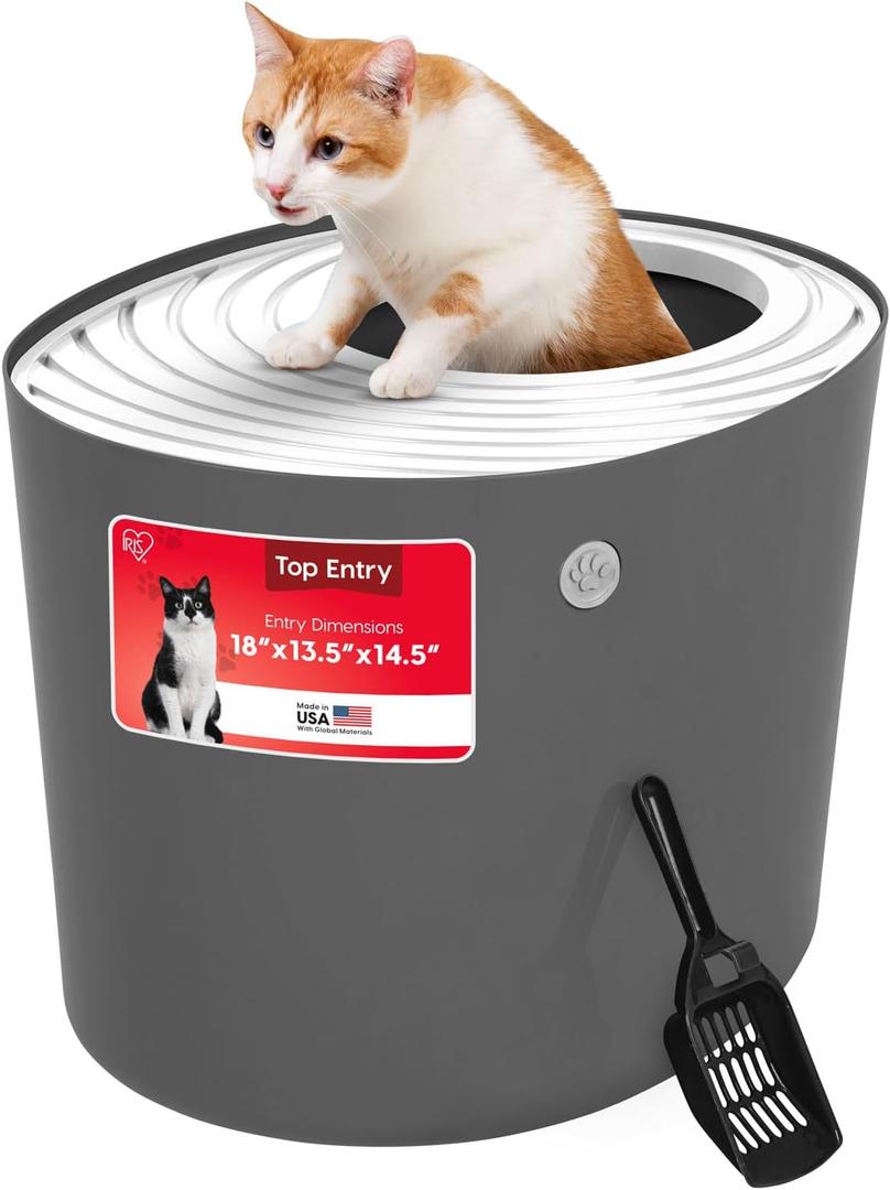 IRIS USA Top Entry Cat Litter Box, Hooded Privacy, Large, Dark Gray/White