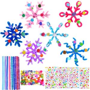 2 x Ertyjikg DIY Pipe Cleaner Snowflake Craft Kit - Pipe Cleaner Pom Poms Stickers Winter Christmas Ornament Making Supplies for Child Adults