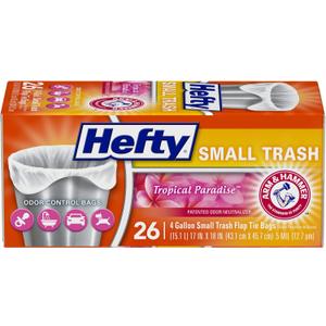 Hefty Small Garbage Bags, Flap Tie, Tropical Paradise Scent, 4 Gallon, 26 Count