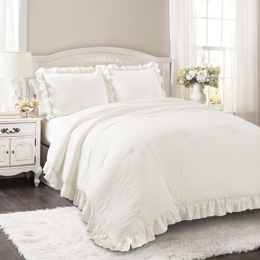 Lush Decor Reyna Ruffle Comforter Set - 3 Piece Cozy Ruffled Bedding Set - Timeless Elegance and Comfort for Bedroom - California King, White