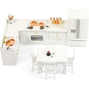 Wooden Dollhouse Furniture Set - Miniature Dollhouse Furniture 1 12 Scale for Dollhouse Kitchen - Doll House Furniture Toys Incl Kitchen Cabinets, Dining Table, Refrigerator and Others (White)