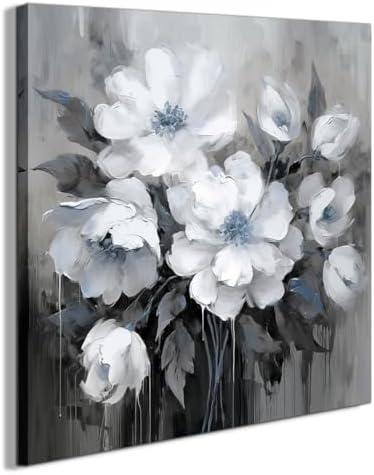 Bathroom Canvas Wall Art, Bathroom Wall Decor,Landscape for Living Room, Bedroom,Office, Gray and White Blue Flower Wall Decoration,14"x14"inches