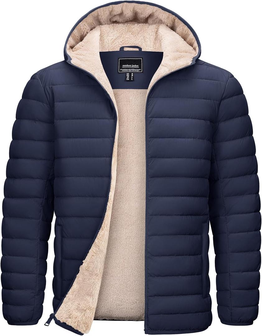 TACVASEN Men's Puffer Jacket Hooded Sherpa Lined Water Resistant Windproof Insulated Jacket Warm Winter Puffy Coat (Medium, Navy Blue)