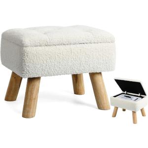 Storage Ottoman, Small Foot Stool Ottoman with Storage, Boucle Teddy Velvet Foot Rest with Padded Seat, Sturdy Wood Legs Stool for Living Room, Bedroom, Couch, Enterway (Cream)