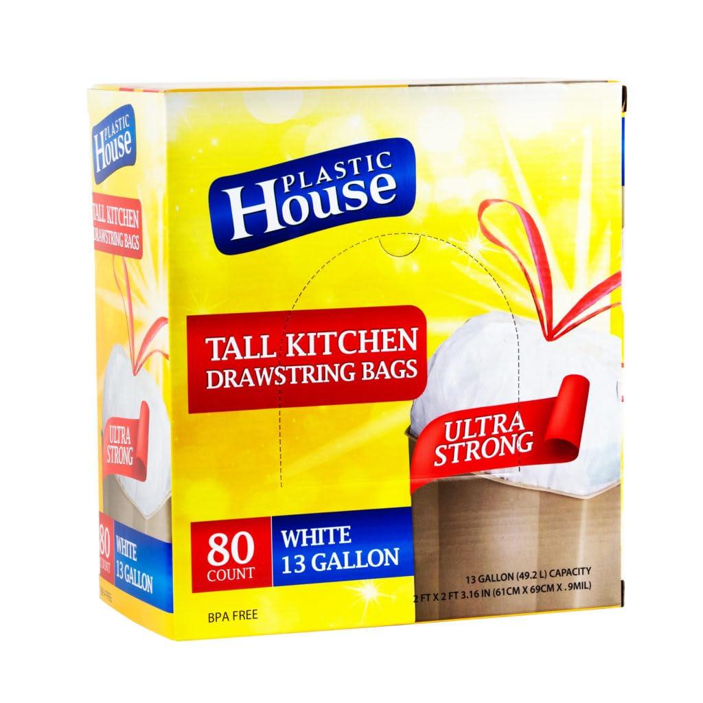 White Drawstring Plastic Garbage Bags - 13 Gallon (Pack of 80) - Perfect for Kitchen, Outdoor Spaces, Events, More, 4 Pack