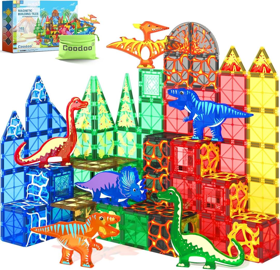 102PCS Dinosaur Toys Magnetic Tiles with 8 Dinosaurs - Jurassic Scenes Dinosaur World Adventure Set, Magnetic Blocks Kids Toys for Boys & Girls Ages 3+, Sensory Toddler Creative Kids Games Gifts
