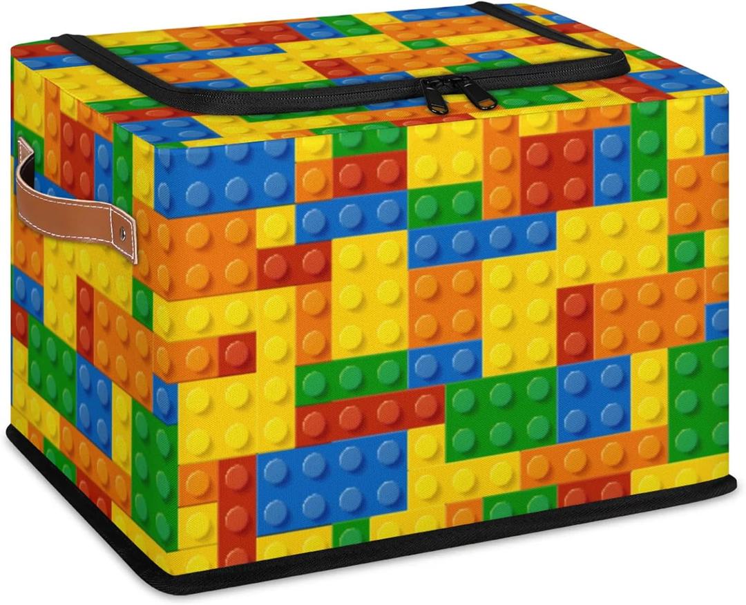 Storage Bins With Zipper Lid, Collapsible Trunk Organizer, Car Organizers and Storage Bins with Lids, Decorative Storage Boxes with Handle, Home Storage Baskets (Colorful Building Blocks)