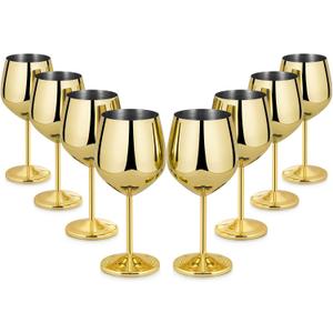 Lifecapido Stainless Steel Wine Glasses Set of 8, 18oz Stainless Steel Wine Goblets, Stemmed Metal Wine Glasses with Cup Brush for Party Office Wedding Anniversary, Great for Red White Wine (Gold)
