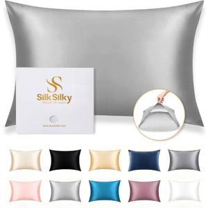 SilkSilky 100% Mulberry Silk Pillowcase - Pure 22 Momme High-Grade 6A Fibers for Hair & Skin, Envelope Closure, Natural, Organic, Breathable & Cooling Pillow Case (Queen, Silver)