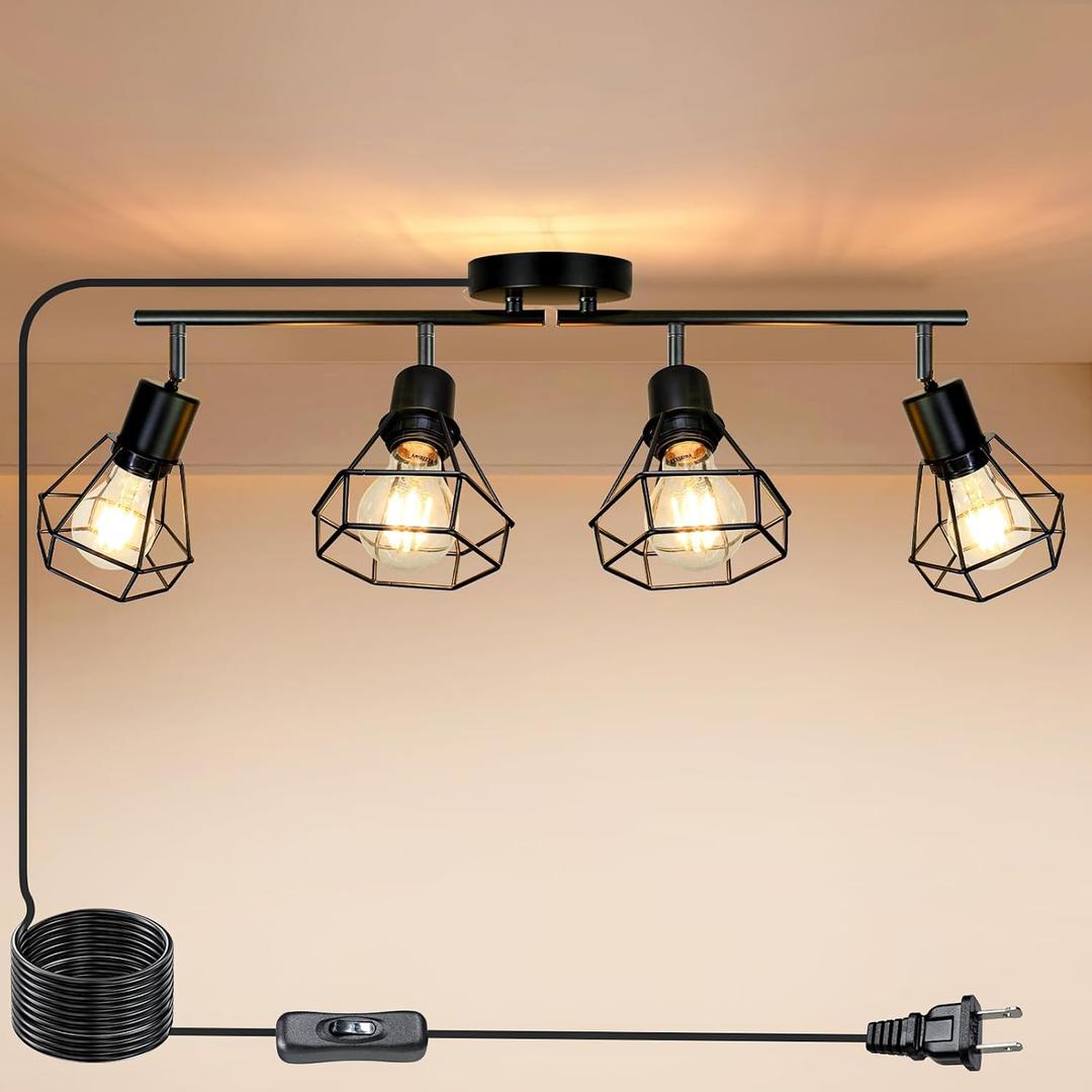 HiBay Plug in Track Lighting Fixtures Ceiling, Adjustable 4-Light Track Light Black, Directional Modern Ceiling Spotlight E26 with 16.4ft Cord & in-Line On/Off Switch for Kitchen Living Room Dorm